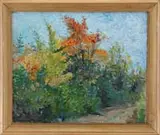 Tree Lined Road by Eurilda Loomis France, Oil on canvas fall scene shows a dirt road with colorful trees under a blue sky, offered Aug 2009