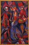 Maurice Poirson, Two Works: Plowing the Fields and Three Jesters, 1) Oil on wood panel colorful abstract scene shows two horse teams pulling a harrow with figure behind