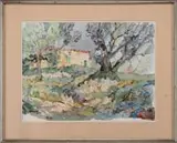 Ginther, House and Trees, Watercolor landscape scene shows a stucco house behind two large trees with hillside and grasses
