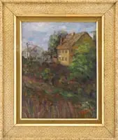 E. Corelli, Backyard View, Oil on canvas mounted on panel scene shows the backyard view of several houses with flower garden in the foreground