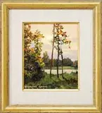 Stapleton Kearns, Early Morning Sunrise, Oil on wood panel landscape scene shows early morning sun shining over a tree lined clearing with pond