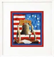 Centennial Tribute by Robert Geissman, Watercolor illustration of a tabletop bronze replica of the Liberty Bell set against a Colonial US Flag, offered Aug 2009