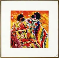 Evelyn Winter, Keepers of the Fire, Watercolor scene shows two women in colorful ponchos facing the flames of a large fire