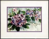 Pat Dews, Purple Flowers, Watercolor of purple blossoms and green leaves