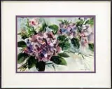 Pat Dews, Purple Flowers, Watercolor of purple blossoms and green leaves