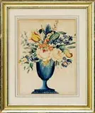 Unsigned, The Blue Vase, Watercolor still life shows a blue pedestal vase filled with a colorful arrangement of flowers