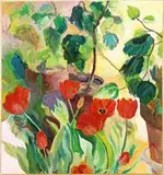 Cynthia D. Hyde, Tulips, Oil on canvas scene shows a table with pots of flowers including bright red tulips