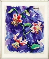 George Daniell, Two Works: Tiger Lilies & “Nude Maine Youth, 1) Bright watercolor scene shows a stem of three tiger lilies against a blue background