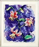 George Daniell, Two Works: Tiger Lilies & “Nude Maine Youth, 1) Bright watercolor scene shows a stem of three tiger lilies against a blue background