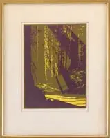 Franz Geritz, Sunrays in the Red Woods, Colored woodcut shows a sunlit path through tall trees. Pencil titled lower left