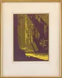 Franz Geritz, Sunrays in the Red Woods, Colored woodcut shows a sunlit path through tall trees. Pencil titled lower left