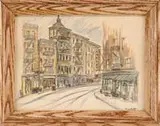 Anthony Thieme, New York, Crayon drawing of a street lined with tenement buildings