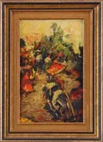 The Fiesta by Signed, Oil on masonite scene shows Spanish dressed people in a festive atmosphere. Possibly signed lower right indistinctly, offered Aug 2009