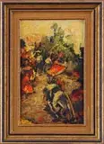 Signed, The Fiesta, Oil on masonite scene shows Spanish dressed people in a festive atmosphere. Possibly signed lower right indistinctly