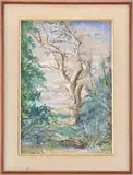S. Keller, The Lone Tree, Gouache landscape shows a tall dead tree at the center of woods overlooking a field under blue and white sky