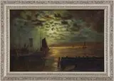 Unsigned, Moonlit Harbor, Oil on canvas scene shows a small harbor with boats at dock and moored. All under a breaking cloud and full moon sky