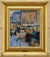 Tod Lindenmuth, Boats at Dock, Oil on board harbor scene shows three small boats moored next to dock with buildings