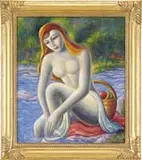 Paul Raphael Melstner, Picnic by the Stream, Oil on canvas summer scene shows a nude woman seated beside a stream on red cloth with basket of fruit