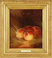 Peaches by William Mason Brown, Oil on canvas still life scene shows four peaches nestled in a cradle of grass, offered Aug 2009