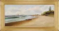 Albert Horatio Slade, Beach at Ventura, Calif, Oil on canvas panoramic scene of a curving beach with houses at one end, sailboats on a blue water with low hills beyond