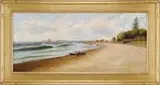 Albert Horatio Slade, Beach at Ventura, Calif, Oil on canvas panoramic scene of a curving beach with houses at one end, sailboats on a blue water with low hills beyond
