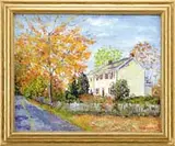 William Jachwak, Fall on Cafferty Rd, Buck, Co, PA.”. Oil on canvas fall scene shows a connected Colonial building with picket fence with colorful maple tree
