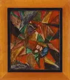 Morgan Russell, Synchromist Abstract, Oil on wood panel abstract with triangular and geometric shapes in colors of yellow, gold, green, blue, red, and brown
