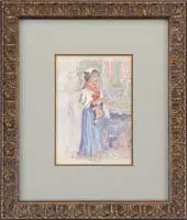 Mending by Konstantin Makovsky, Watercolor interior scene shows a woman in traditional outfit standing and mending a piece of cloth, offered Aug 2009