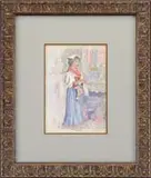 Konstantin Makovsky, Mending, Watercolor interior scene shows a woman in traditional outfit standing and mending a piece of cloth