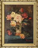 Jurij Julevic Klever, Vase of Roses, Oil on canvas mounted on board still life scene shows pink and red roses in a decorative vase on a blue table