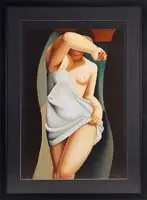Das Modelle by Tamara de Lempicka, Colorful serigraph shows a nude model wearing a revealing white slip. Her arm covers her face, offered Aug 2009