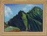 Eugene Savage, Near Pali, Oil on canvas Hawaiian scene shows the green covered mountaintops under blue and white cloud sky