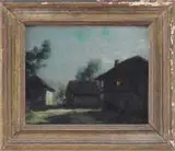François Cachoud, Au Village Du Quiquet Nuit Claire, Oil on canvasboard nighttime scene shows three buildings, one with a light in window under a moonlit landscape