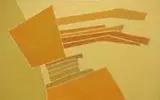 Lee Gatch Jr., Abstraction in Gold, Oil on board abstract scene shows geometric shapes in shades of gold against a yellow-gold background