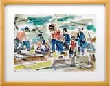 Ted Davis, Six Fisherman on Monhegan, Watercolor scene shows six figures in abstract color with broad brush strokes