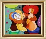 Michael Cunningham, Good Friends, Oil on canvas modern scene shows two lovers in an abstract setting with bright colors and shapes