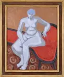 Milton Avery, The Nude, Oil on canvas interior scene shows a nude woman in colors of white and gray seated on a red and black sofa