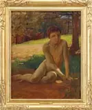 Andrew Thomas Schwartz, Enchanted Youth, Oil on canvas scene shows a nude boy seated on dirt and grass near a tree and sunlit clearing