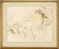 Emil Ganso, Nude Study, Mixed media on paper interior scene shows a semi nude woman resting on a bed