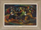 Iver Rose, The Clowns Are Coming, Oil on masonite circus scene shows a group of clowns in colorful surroundings running right to left