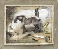 Grace Genoi Pettit, November Chill, Oil on board exterior scene shows a brown horse against a snow covered hillside with tree trunk