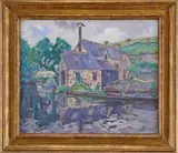 Alexandre-Marie Grassin, On the Banks of the Aven (Brittany), Oil on canvas scene shows a mill house next to water with a hill background