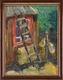 Ivan Alexeievich Vladimirov, Second Story Ladder, Oil on board scene shows the side of a house with a six rung ladder leaning against a wood pile and pole with water jugs