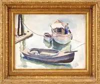 Daniel Ralph Celantano, East Harlem River, Watercolor scene shows three boats moored to dock post, a man with blue bib overalls works on largest boat
