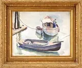 Daniel Ralph Celantano, East Harlem River, Watercolor scene shows three boats moored to dock post, a man with blue bib overalls works on largest boat