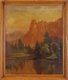 Samuel P. Dyke, Western Landscape, Large oil on canvas scene shows a river leading to tall mountain peak with mountains beyond