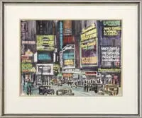 Harry Walker, Theater District, Watercolor 1930’s scene of a city theater district with bright lit marquees in a nighttime setting
