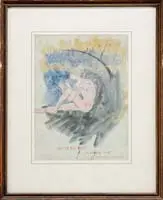 Will Hickok Low, Tatooed Boy Playing the Whistle, Watercolor sketch shows a nude boy covered in tatoos playing a horn shaped whistle under a tree near water