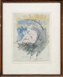 Will Hickok Low, Tatooed Boy Playing the Whistle, Watercolor sketch shows a nude boy covered in tatoos playing a horn shaped whistle under a tree near water