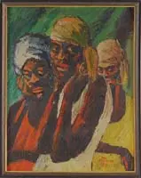 Don McIlvaine, Three Women, Oil on masonite half portrait of three African American women. They each have different colored dresses and head scarves